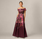 Petite Off Shoulder Garden Floral Mikado Ballgown In Burgundy Multi
