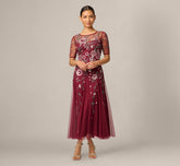 Petite Short Sleeve Floral Beaded Sequin Ankle Length Dress In Mahogany