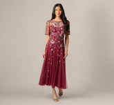 Short Sleeve Floral Beaded Sequin Ankle Length Dress In Mahogany