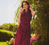 Petite Baroque Scroll Velvet Beaded Gown In Mahogany
