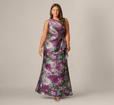 Plus Size One Shoulder Rose Garden Jacquard Mermaid Gown In Green Multi