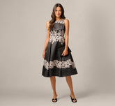 Lace Print Fit And Flare Midi Dress In Black Ecru