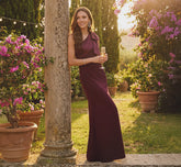 One Shoulder Satin Bow Crepe Gown In Bordeaux Glow