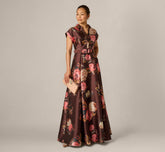 Short Sleeve Rose Floral Ballgown In Brown Multi