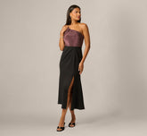 One Shoulder Shimmer Knit Combo Ankle Length Dress In Chocolate Black