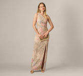 One Shoulder Floral Matelasse Column Gown In Blush Multi