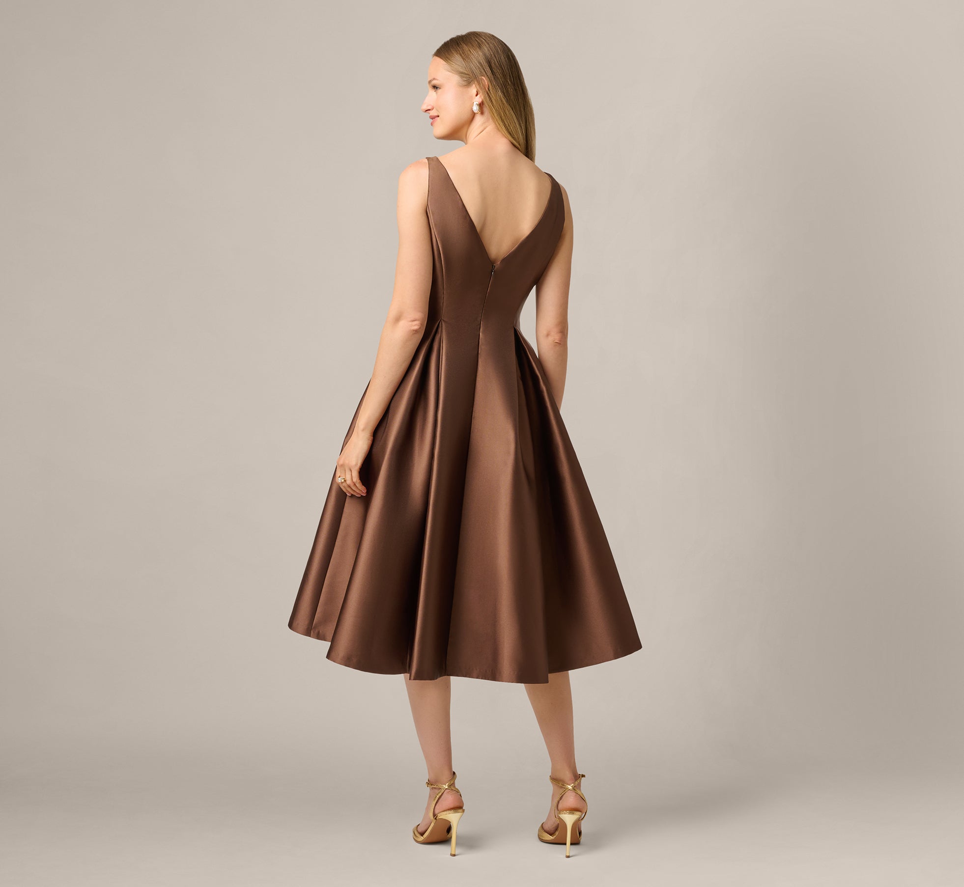 Sleeveless Mikado Fit And Flare Midi Dress With V-Back In Espresso