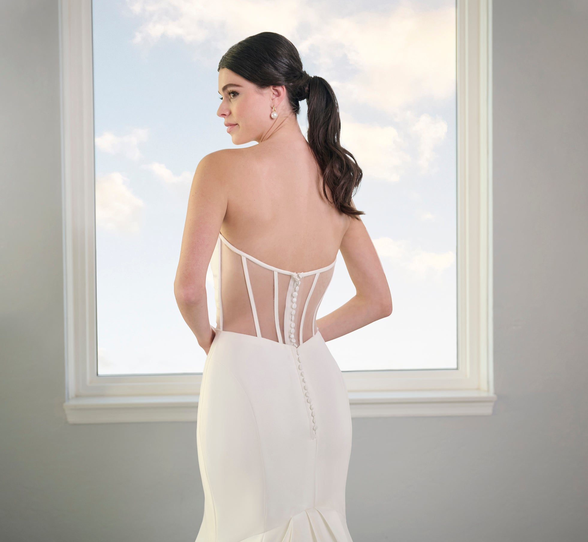 Stretch Mikado Gown With Studded Pearl Jacket In Ivory