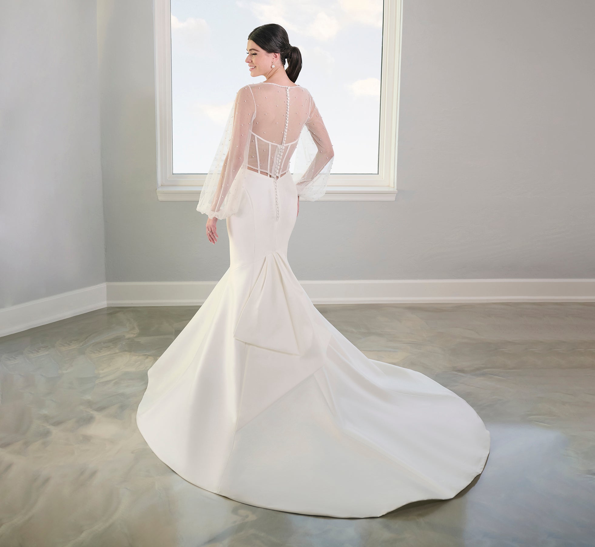 Stretch Mikado Gown With Studded Pearl Jacket In Ivory