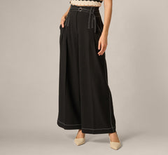 Topstitch Wide Leg Paperbag Pant With Belt In Black Ivory