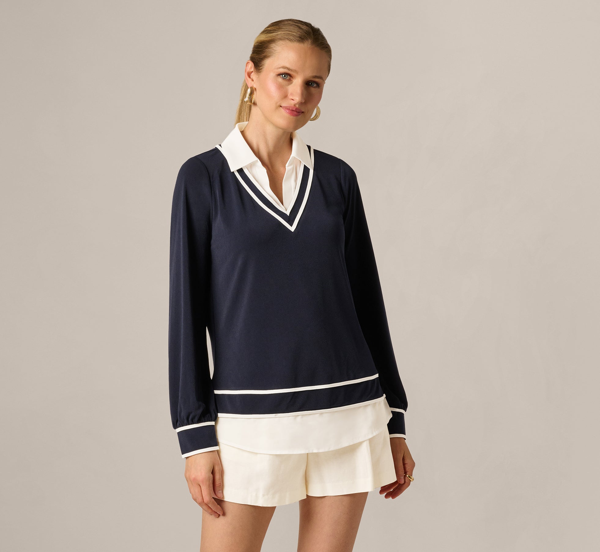 Long Sleeve Collared Twofer Tipped Sweater In Navy Ivory W  Ivory