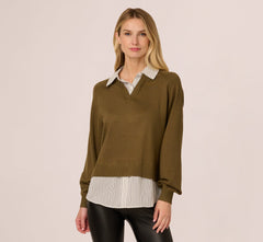 Long Sleeve Collared Printed Twover Sweater In Oak Olive W Iv Blministripe