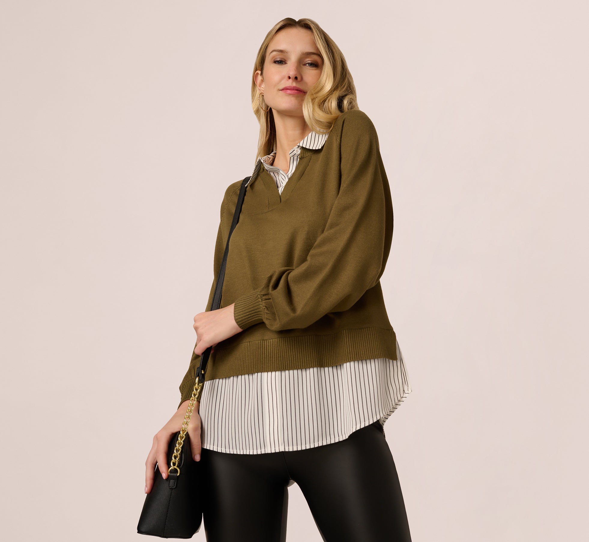 Long Sleeve Collared Printed Twover Sweater In Oak Olive W Iv Blministripe