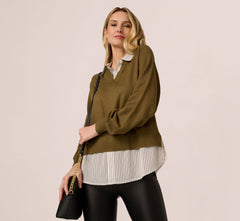 Long Sleeve Collared Printed Twover Sweater In Oak Olive W Iv Blministripe