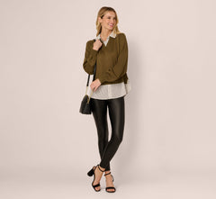 Long Sleeve Collared Printed Twover Sweater In Oak Olive W Iv Blministripe