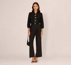 Three Quarter Sleeve Pearly Bow Blouse In Black