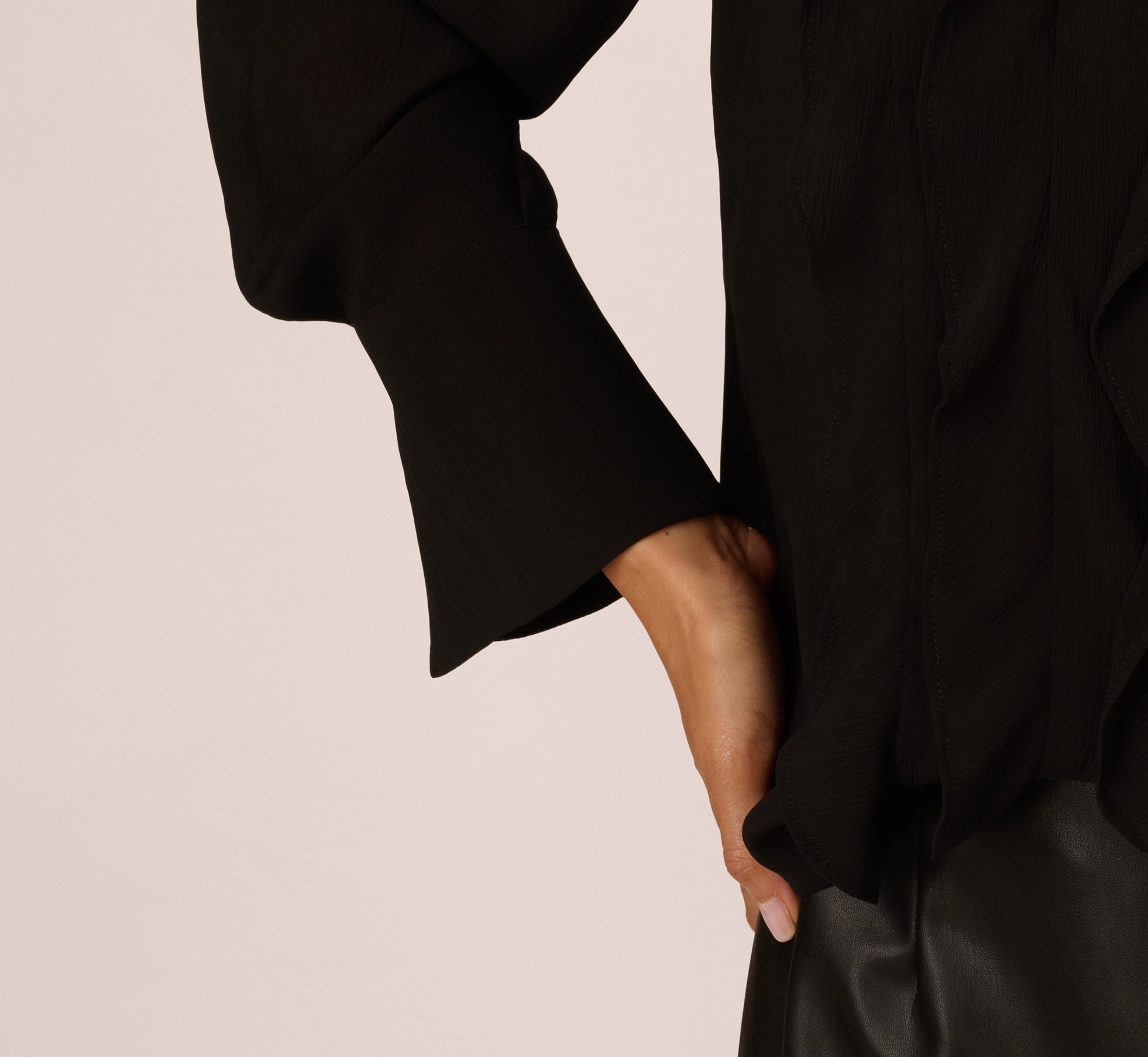 Long Sleeve Sheer Ruffle Front Blouse In Black