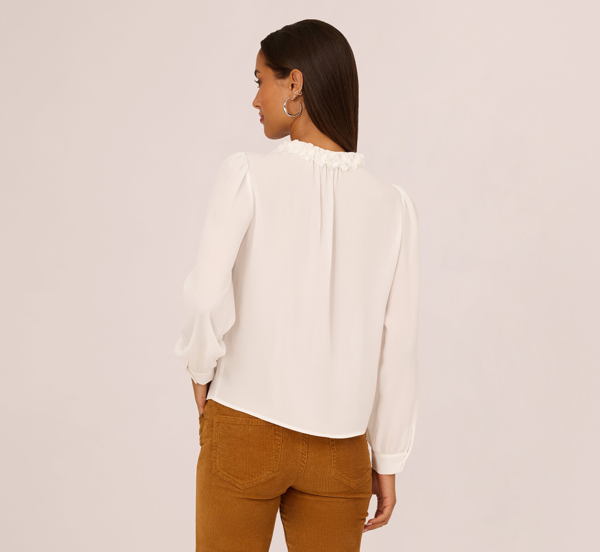 Long Sleeve Semisheer Floral Collar Blouse In Ivory