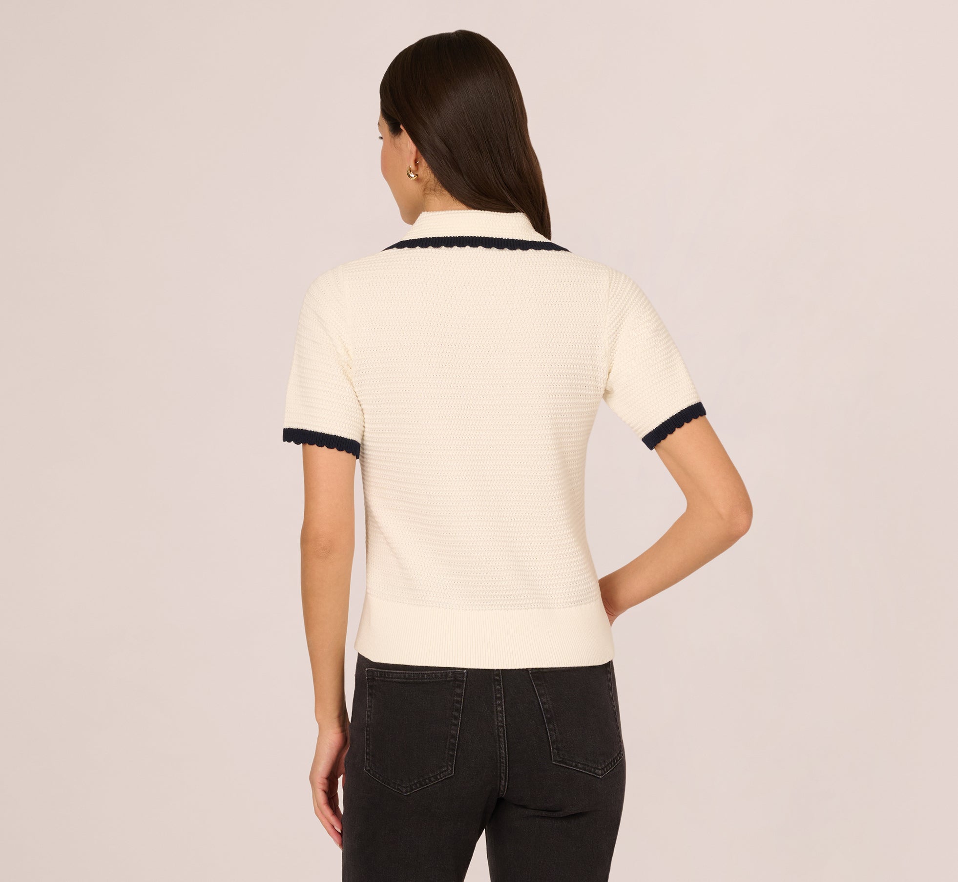 Short Sleeve Collared Cotton Crochet Top In Ivory Blue Moon