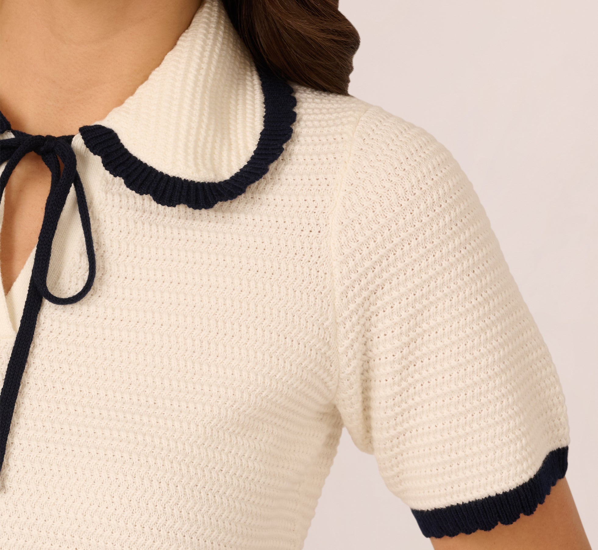 Short Sleeve Collared Cotton Crochet Top In Ivory Blue Moon