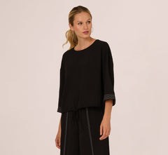 Three Quarter Sleeve Drop Shoulder Tie Waist Top In Black Ivory
