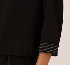 Three Quarter Sleeve Drop Shoulder Tie Waist Top In Black Ivory