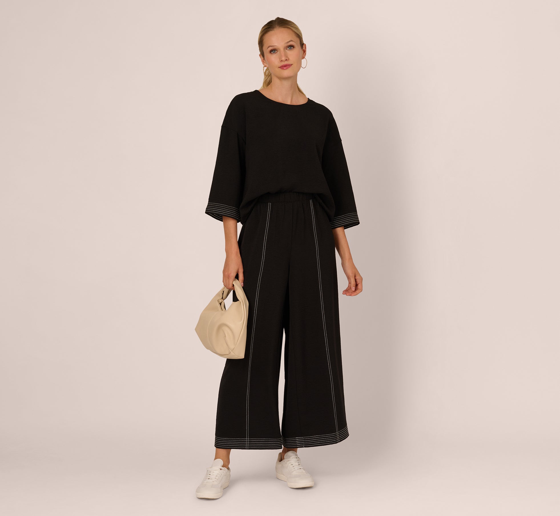 Wide Leg Contrast Stitch Pant In Black Ivory