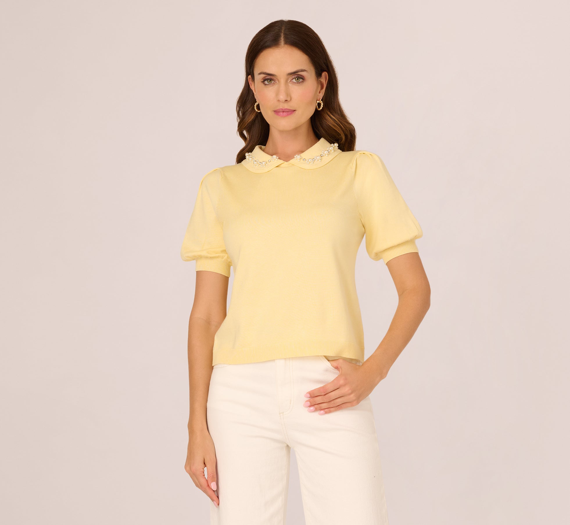 Puff Sleeve Beaded Peter Pan Collar Top In Pastel Yellow