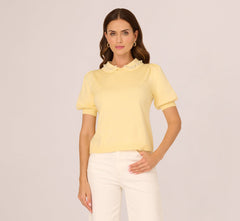 Puff Sleeve Beaded Peter Pan Collar Top In Pastel Yellow