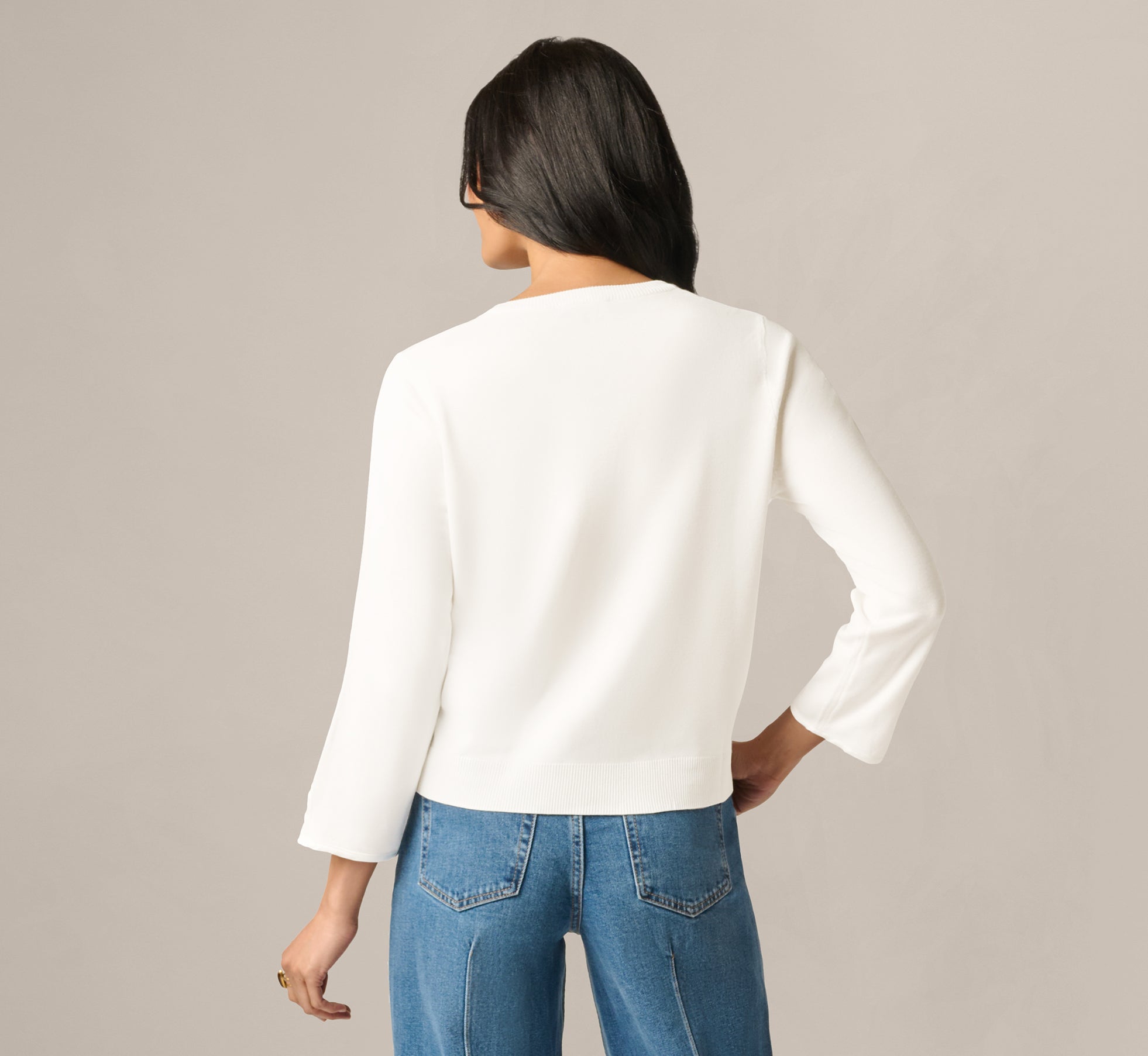 Three Quarter Sleeve Floral Embroidery Cardigan Sweater In Ivory