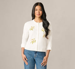 Three Quarter Sleeve Floral Embroidery Cardigan Sweater In Ivory