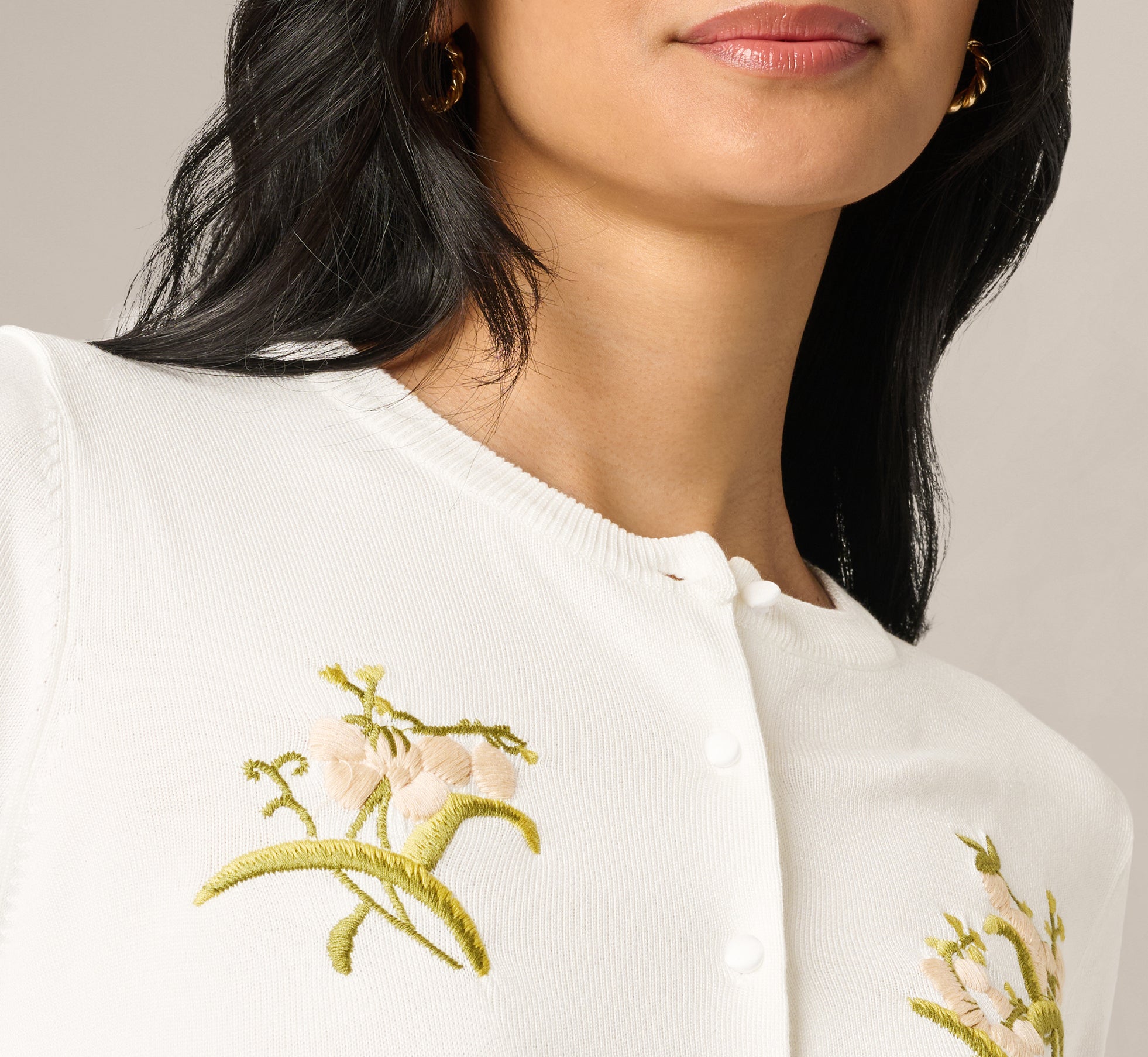 Three Quarter Sleeve Floral Embroidery Cardigan Sweater In Ivory