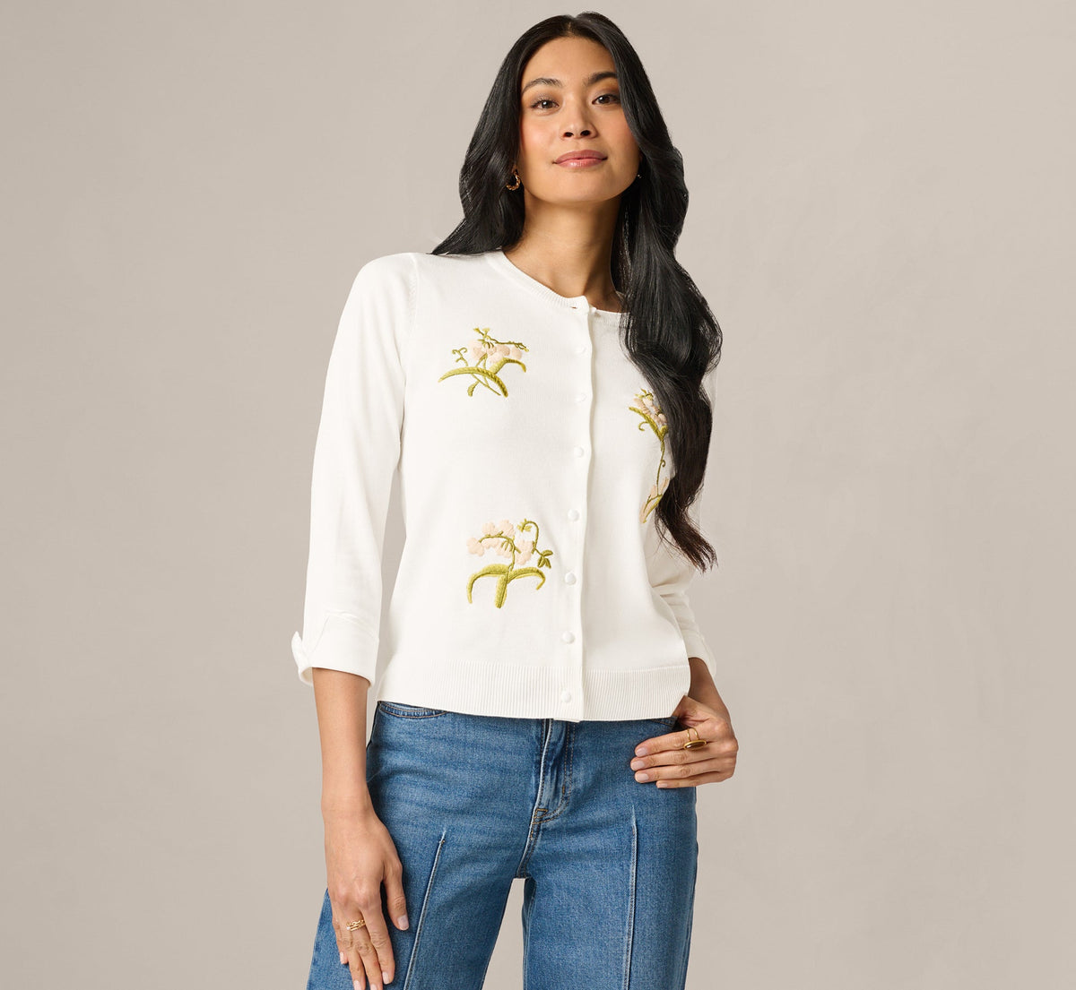 Three Quarter Sleeve Floral Embroidery Cardigan Sweater In Ivory