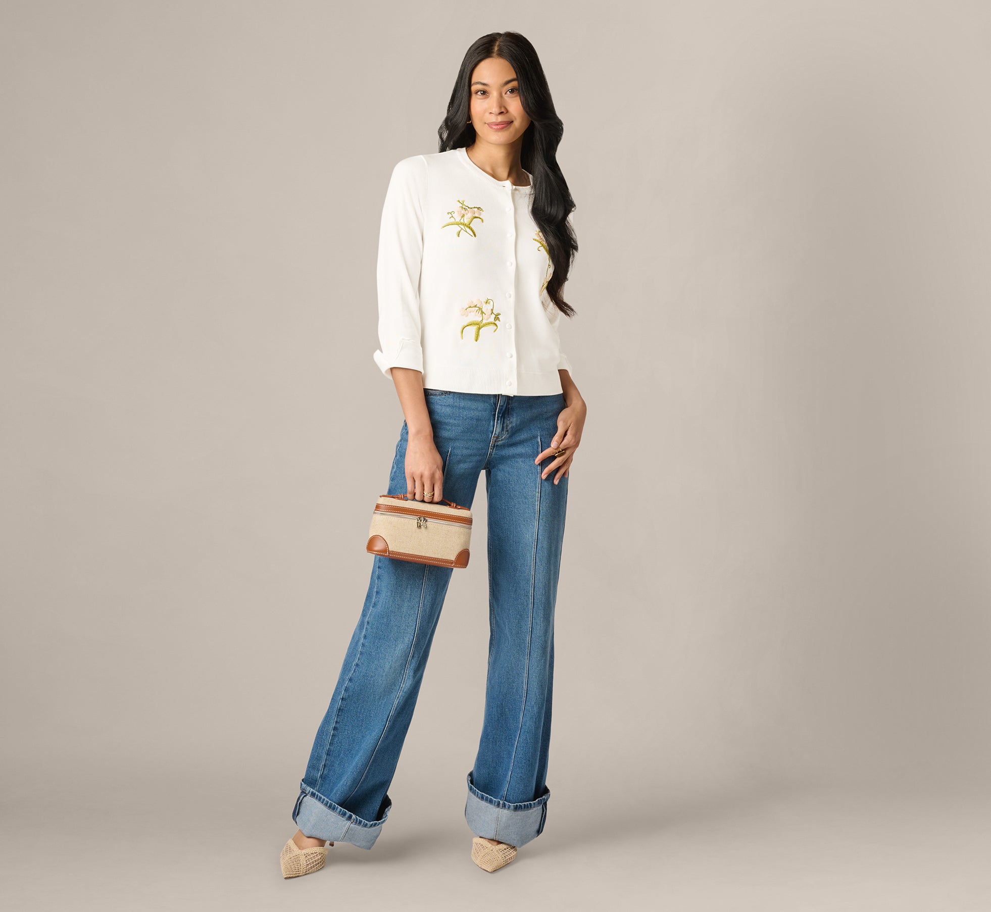 Three Quarter Sleeve Floral Embroidery Cardigan Sweater In Ivory
