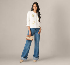 Three Quarter Sleeve Floral Embroidery Cardigan Sweater In Ivory