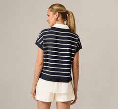 Short Sleeve Drop Shoulder Twofer Sweater In Navy Ivory W  Ivory