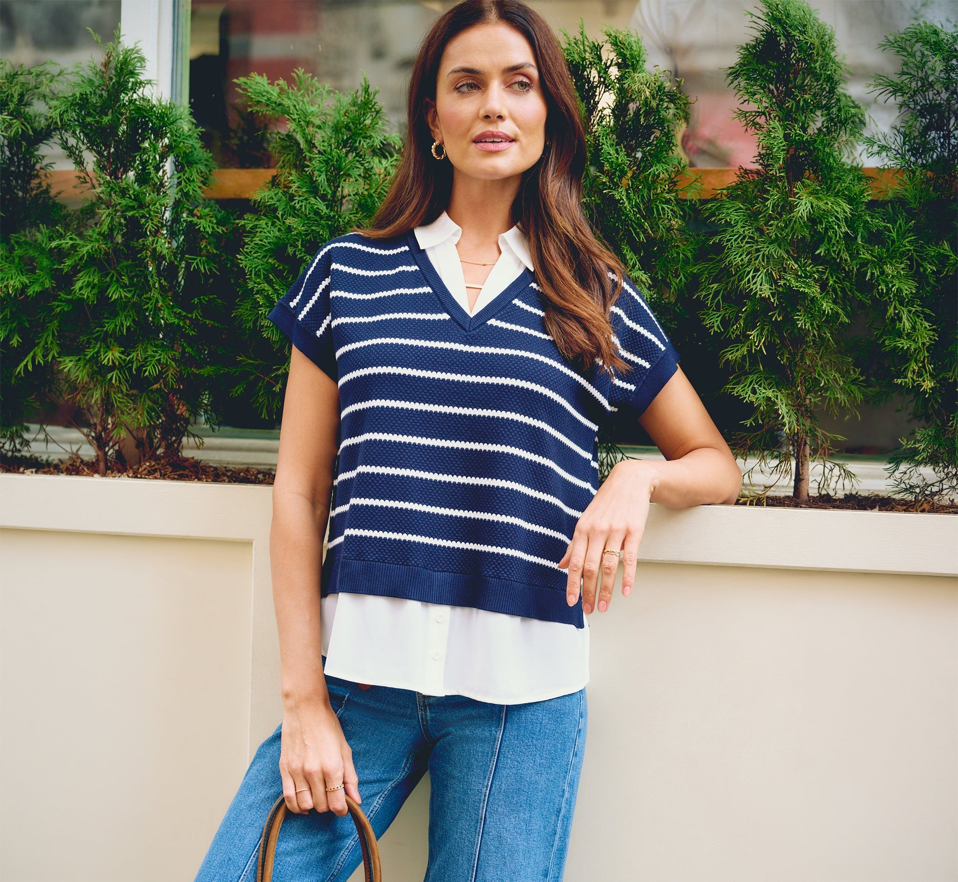 Short Sleeve Drop Shoulder Twofer Sweater In Navy Ivory W  Ivory