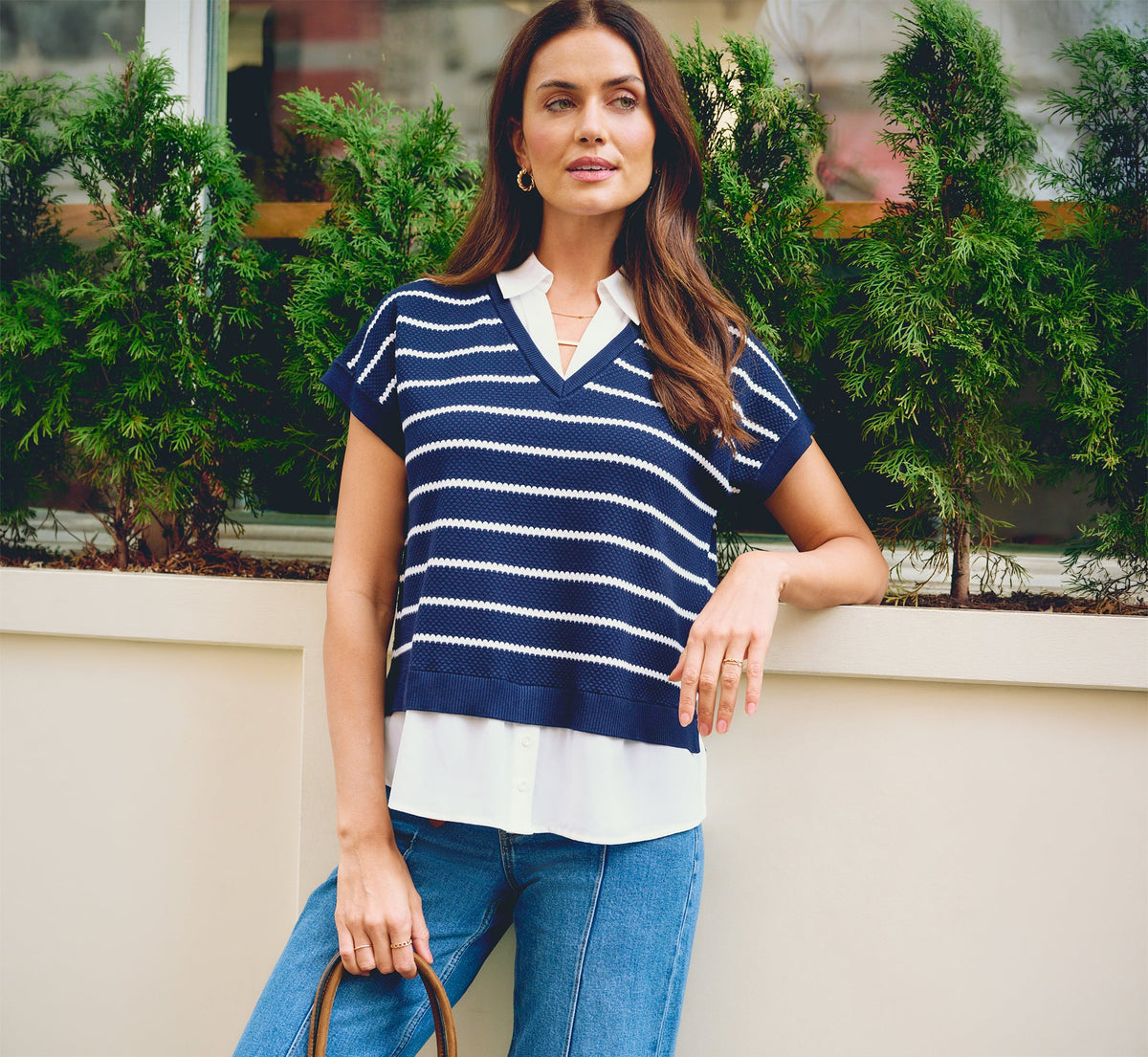 Short Sleeve Drop Shoulder Twofer Sweater In Navy Ivory W  Ivory