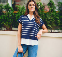 Short Sleeve Drop Shoulder Twofer Sweater In Navy Ivory W  Ivory