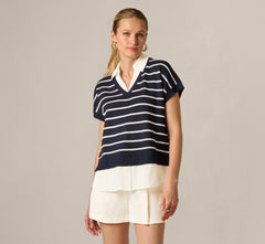 Short Sleeve Drop Shoulder Twofer Sweater In Navy Ivory W  Ivory