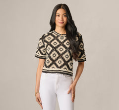 Short Sleeve Open Diamond Knit Crochet Top In Black Cream