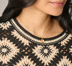 Short Sleeve Open Diamond Knit Crochet Top In Black Cream