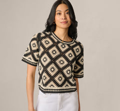 Short Sleeve Open Diamond Knit Crochet Top In Black Cream