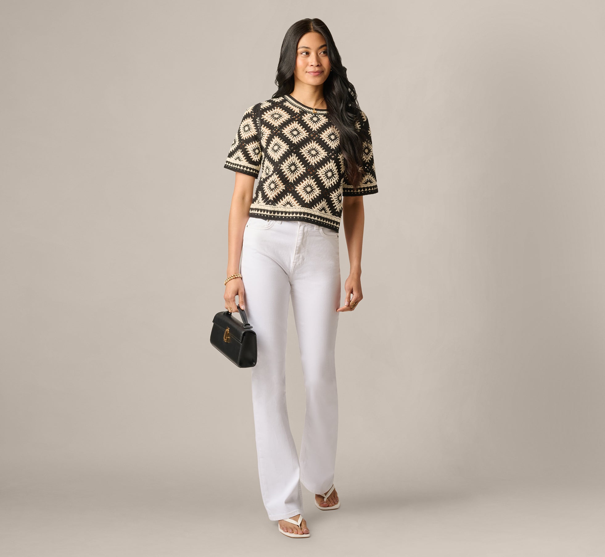 Short Sleeve Open Diamond Knit Crochet Top In Black Cream