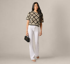 Short Sleeve Open Diamond Knit Crochet Top In Black Cream