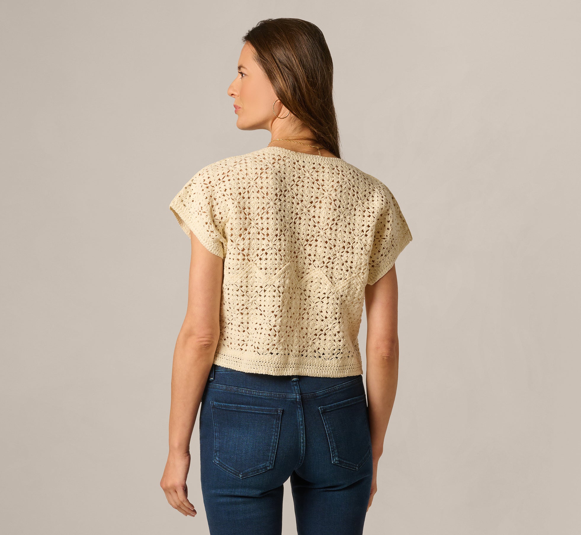 Short Sleeve Open Crochet Top In Cream
