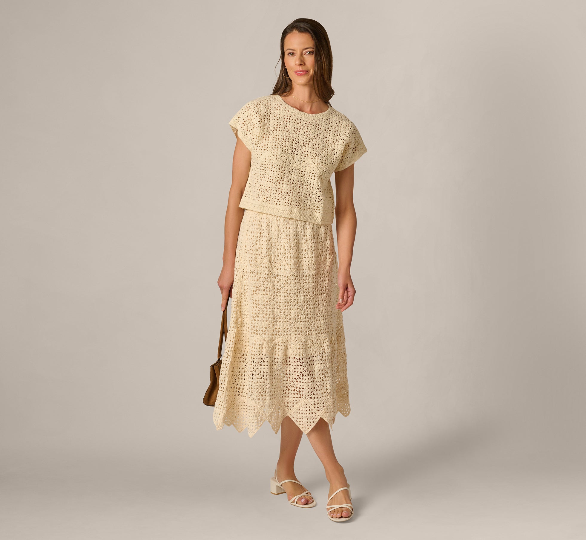 Short Sleeve Open Crochet Top In Cream