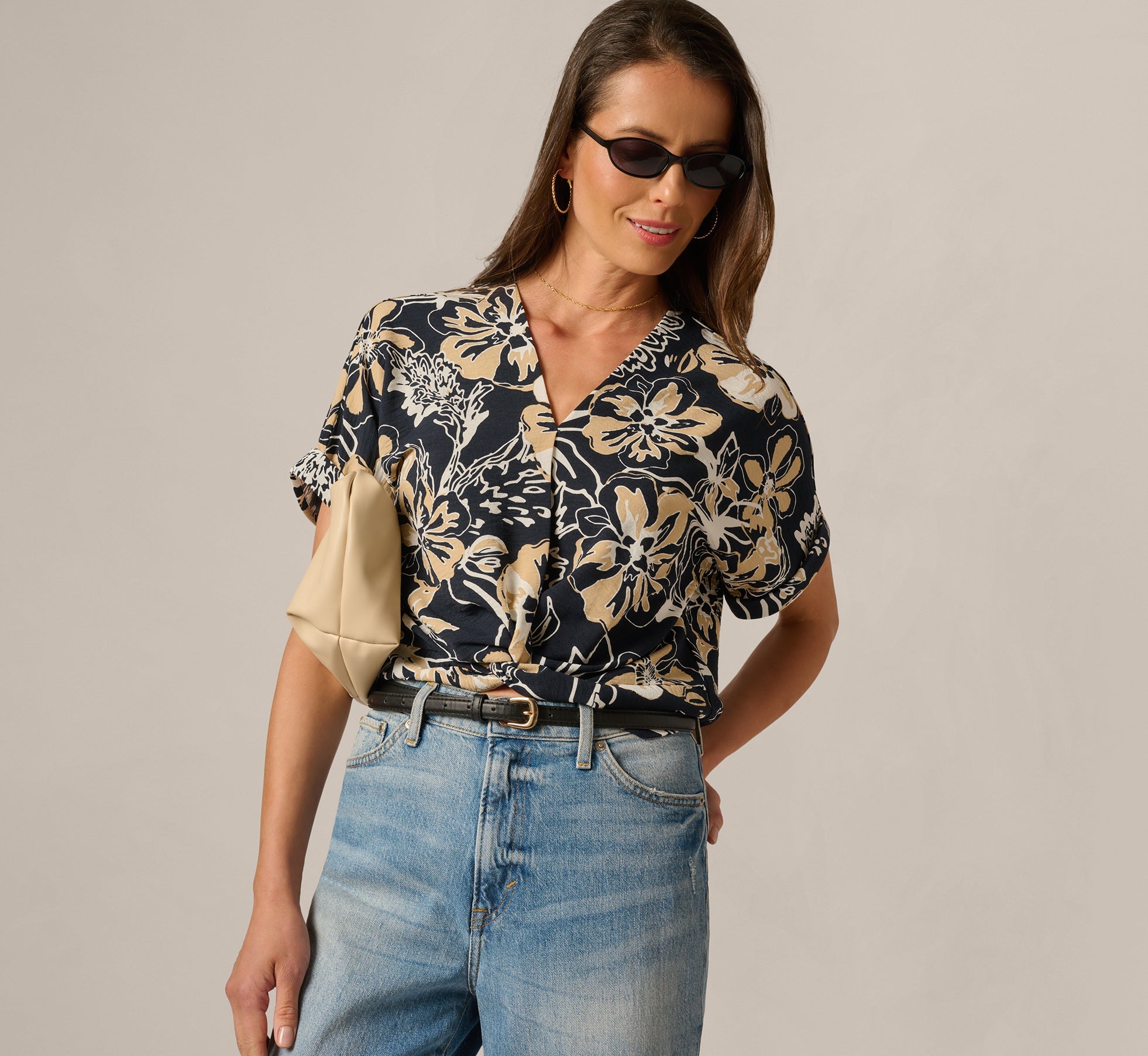 Short Sleeve Open Twist Front Top In Navy Ivory Whimsical Floral