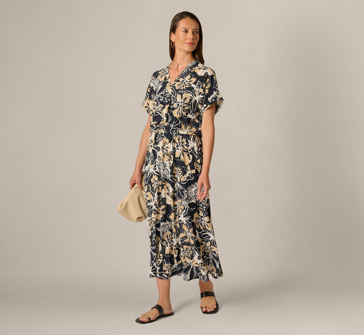 Short Sleeve Open Twist Front Top In Navy Ivory Whimsical Floral
