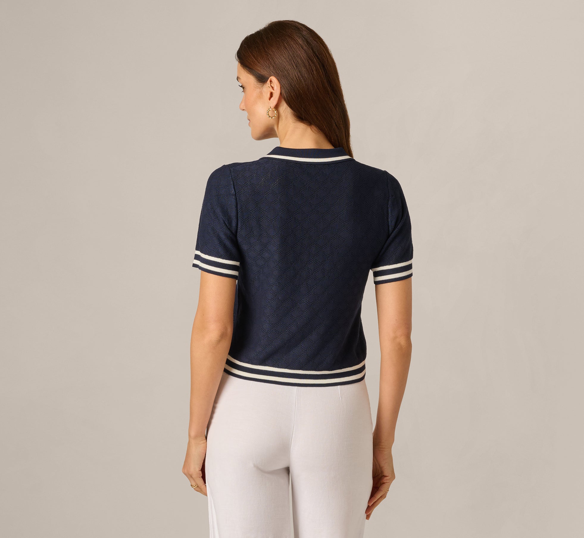 Short Sleeve Open Pointelle Knit Tipped Polo Top In Navy Ivory